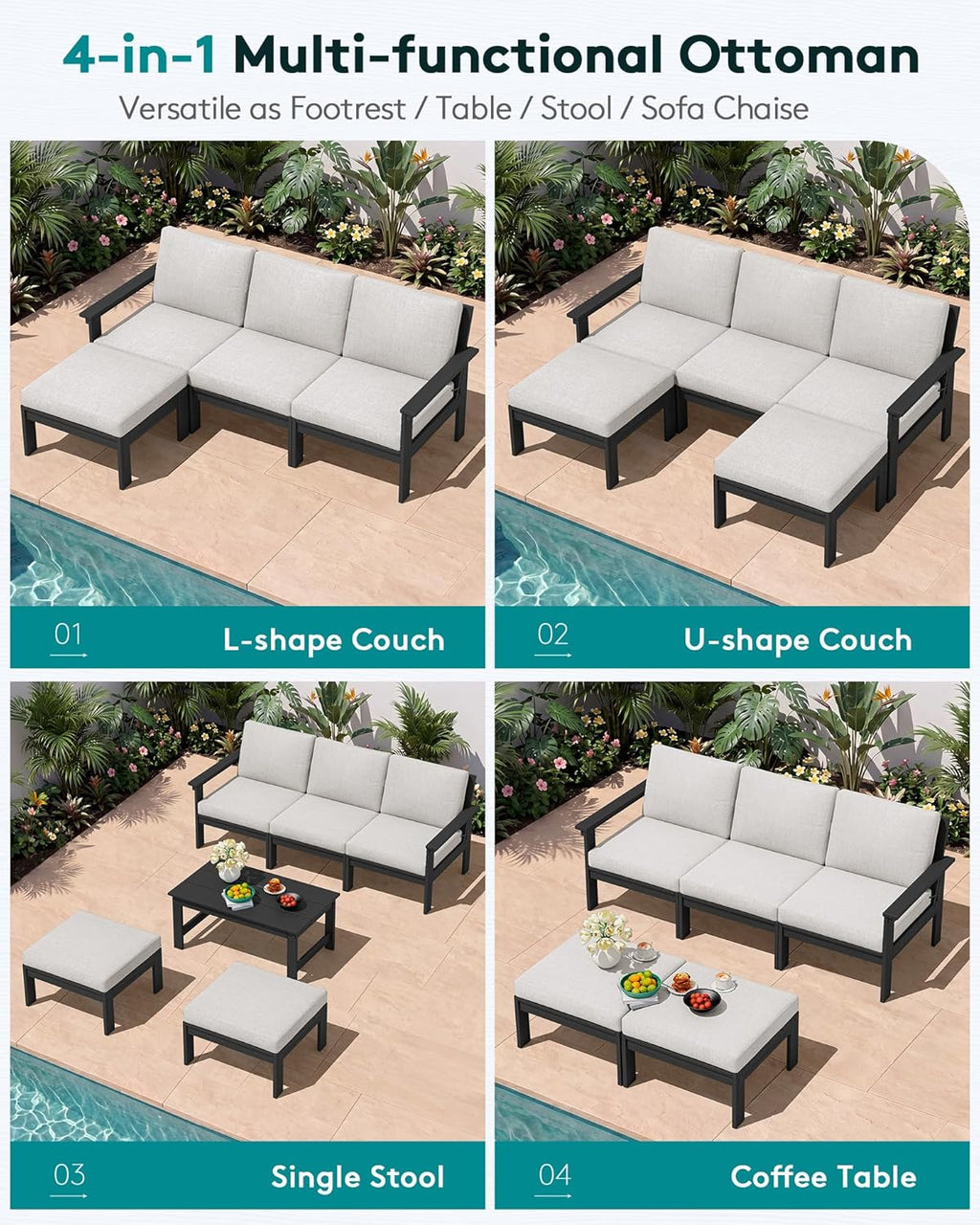 SERWALL Outdoor Ottoman with Cushions for Sofa Set, Black HDPE Frame with Beige Cushions