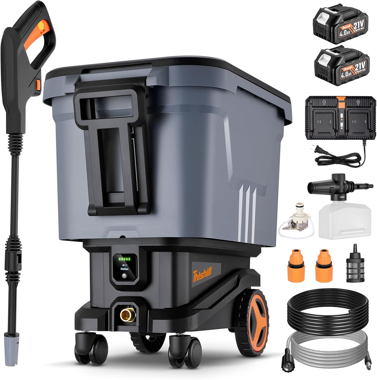 This Hill Cordless Pressure Washer with Water Tank, 2000 PSI Portable Power Washer, Brushless Motor, Dual 21V 4.0Ah Batteries, 3 Pressure Modes, Foam Cannon for Cars, Patio & Camping