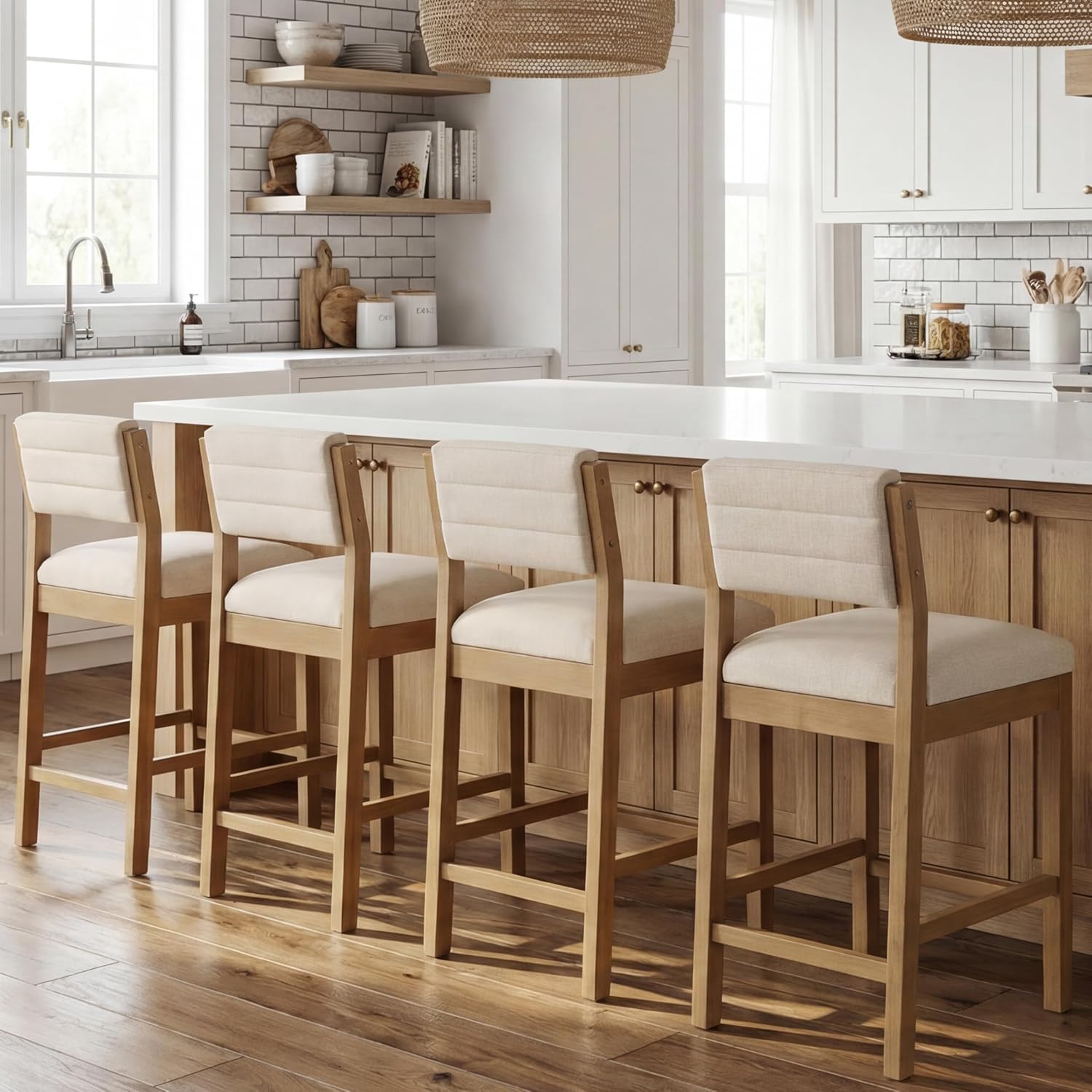 CIMOTA 26" H Counter Height Bar Stools Set of 2, Wooden Bar Stools with Backrest, Linen Upholstered Kitchen Island Stools, 330LBS Load Bar Chairs for Kitchen, Cafe, Restaurant