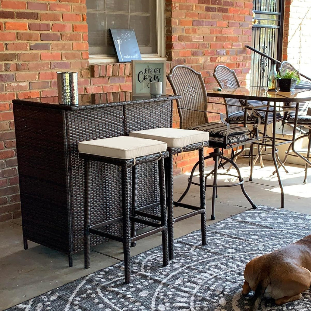 Yaheetech 3pcs Outdoor Bar Set, Patio Wicker Bar Furniture with 2 Storage Shelves, Glass Top Table, Cushions and Two Stools, Brown/Khaki