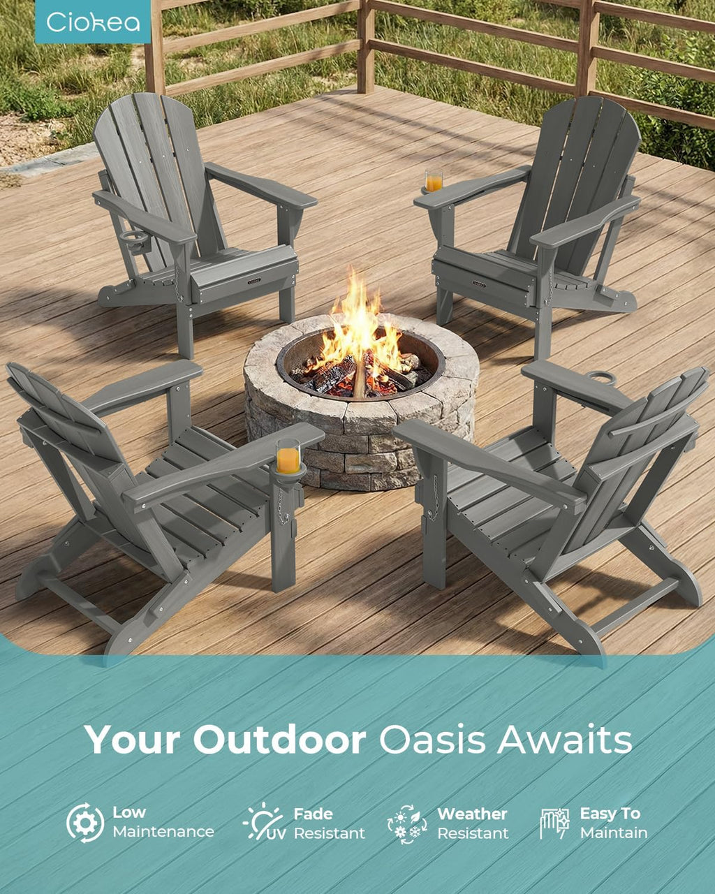 Ciokea Folding Adirondack Chair Wood Texture, Patio Chair Weather Resistant, Plastic Fire Pit Chair with Cup Holder, for Lawn Outdoor Porch Garden Backyard Deck (Grey)