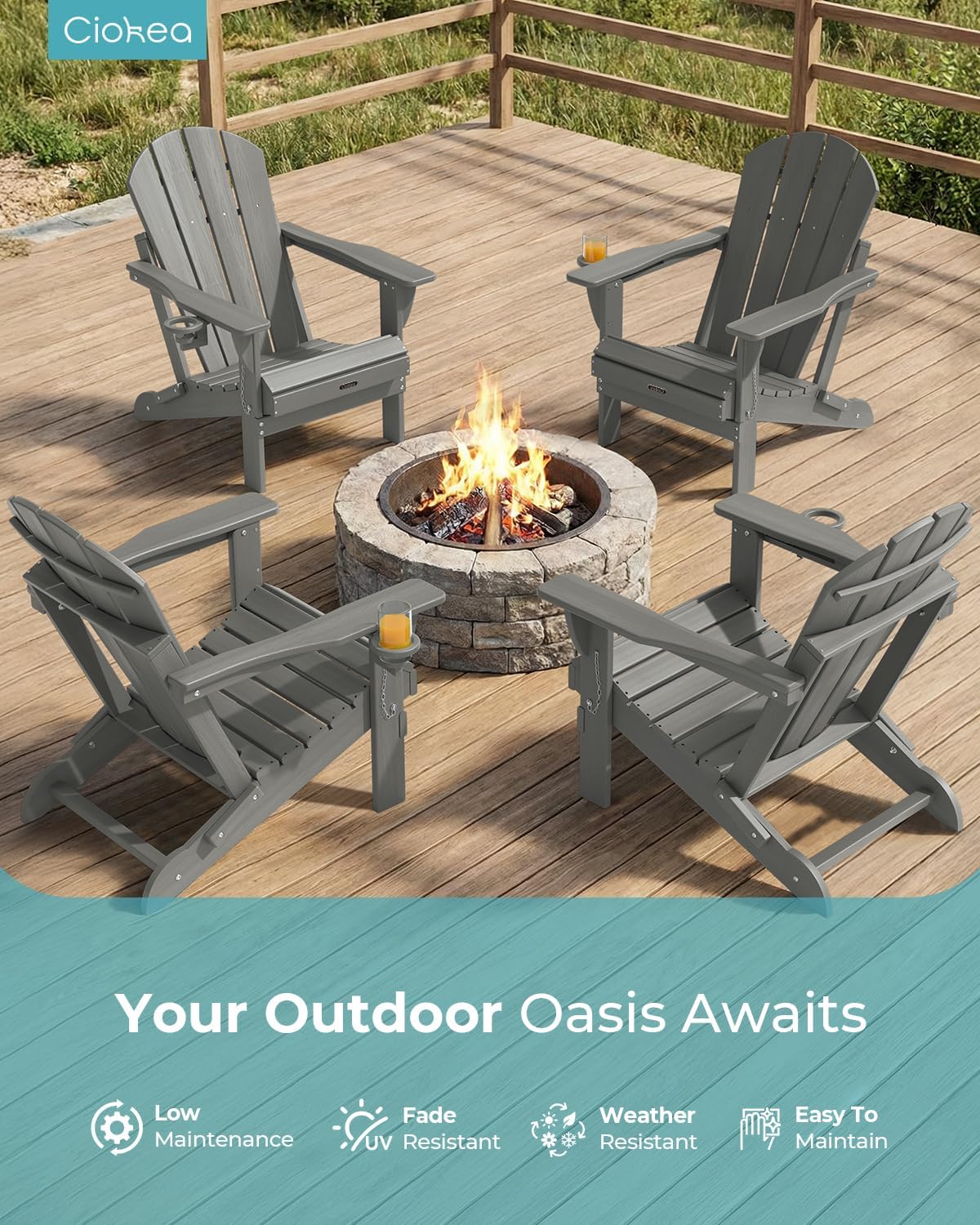 Ciokea Folding Adirondack Chair Wood Texture, Patio Chair Weather Resistant, Plastic Fire Pit Chair with Cup Holder, for Lawn Outdoor Porch Garden Backyard Deck (Grey)