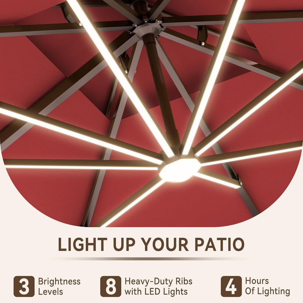 10 X 13 FT Cantilever Outdoor Patio Umbrella with LED Lights Large Heavy Duty 360° Rotation Double Top Offset Rectangular Umbrellas for Backyard Garden Pool Outside Deck, Red