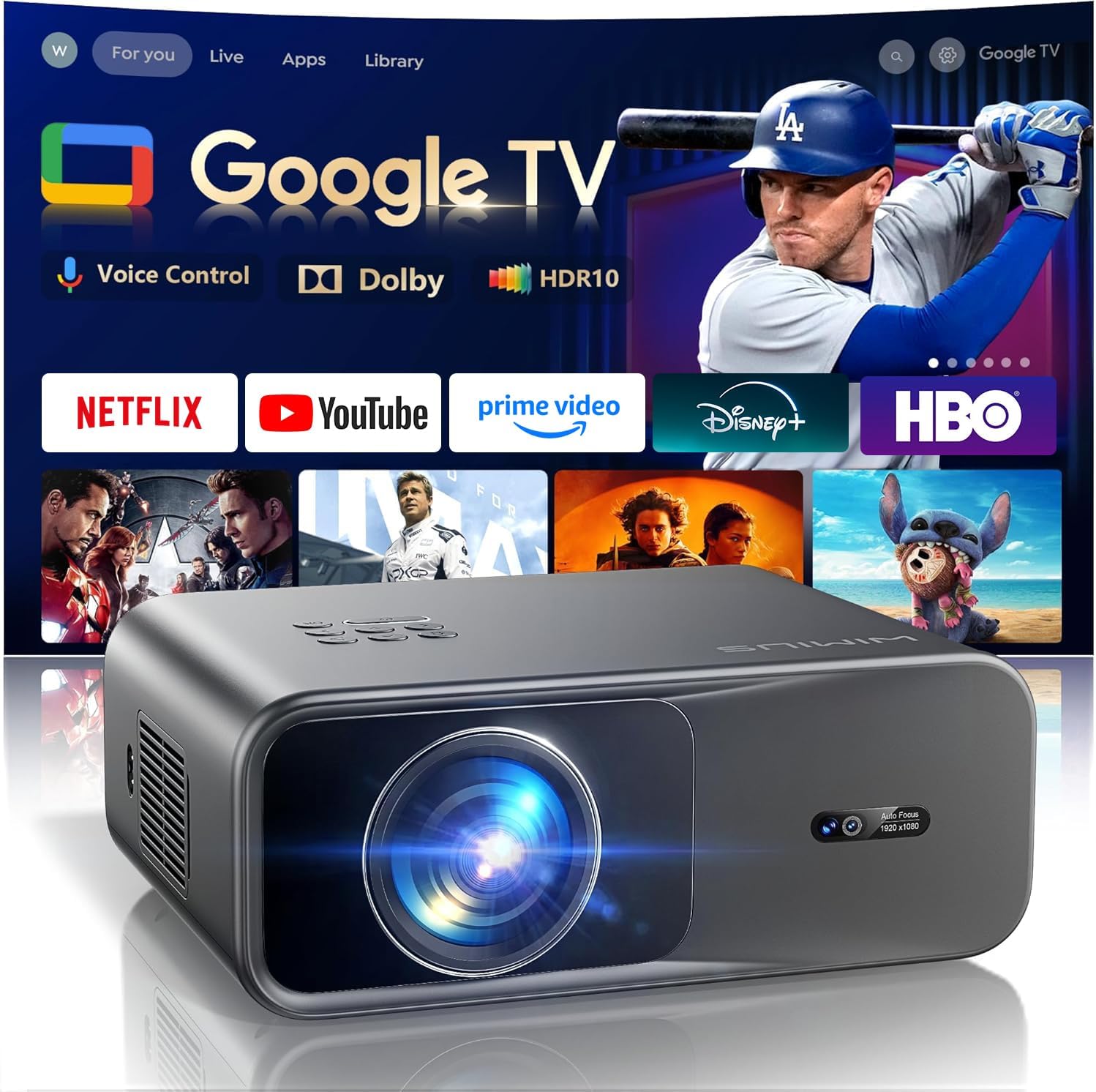 Official Google TVSmart Projector 4K Supported with WiFi & Bluetooth, Built-in Official Apps, GoogIe Voice, Outdoor Movie Projector with DoIby Audio, Auto Focus, Home Theater Proyector WIMIUS G1