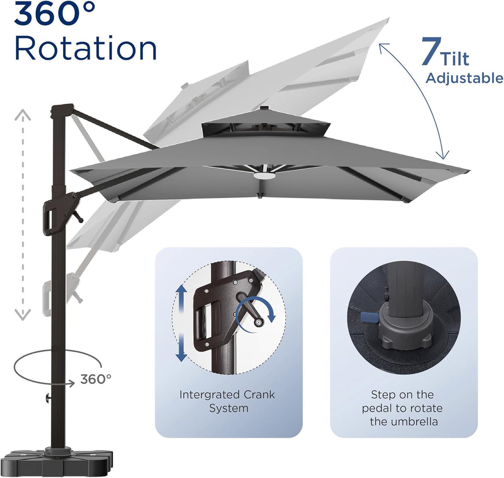 Deconk 10' X 13' Patio Umbrella with LED Lights Outdoor Cantilever Large Rectangle Offset Umbrellas Heavy Duty Aluminum Double Top with 360-degree Rotation for Pool Garden Deck, Grey