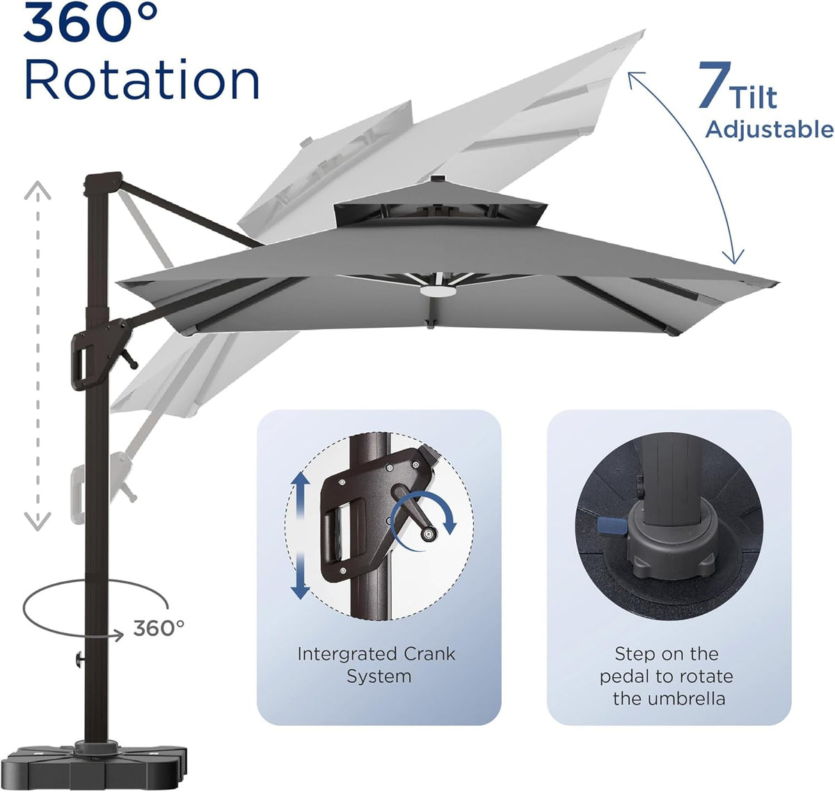 Deconk 10' X 13' Patio Umbrella with LED Lights Outdoor Cantilever Large Rectangle Offset Umbrellas Heavy Duty Aluminum Double Top with 360-degree Rotation for Pool Garden Deck, Grey