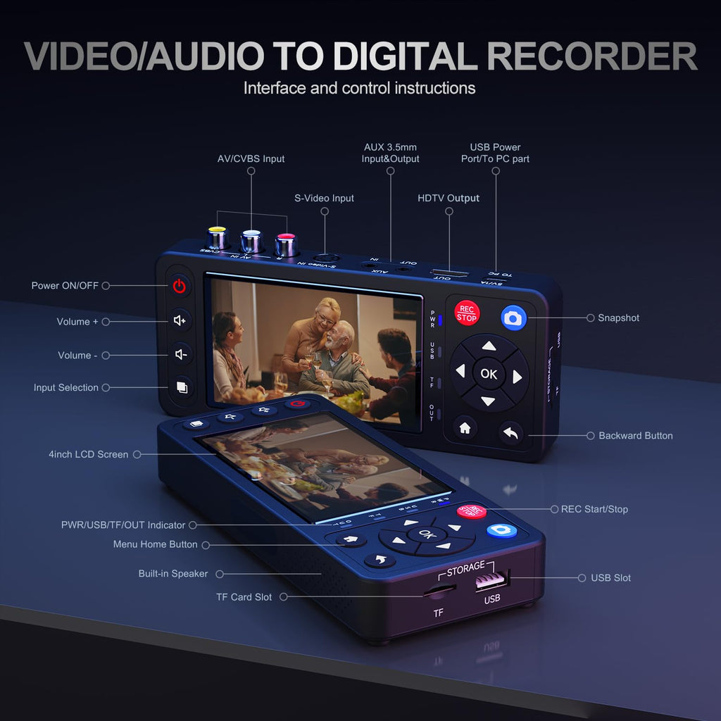VHS to Digital Converter with 4" HD Screen, VCR to Digital Converter, Convert to MP4 Compatible with VHS, VCR, DVR, DVD, Hi8, Mini DV, Camcorders(Tapes/DVD Player Not Included)