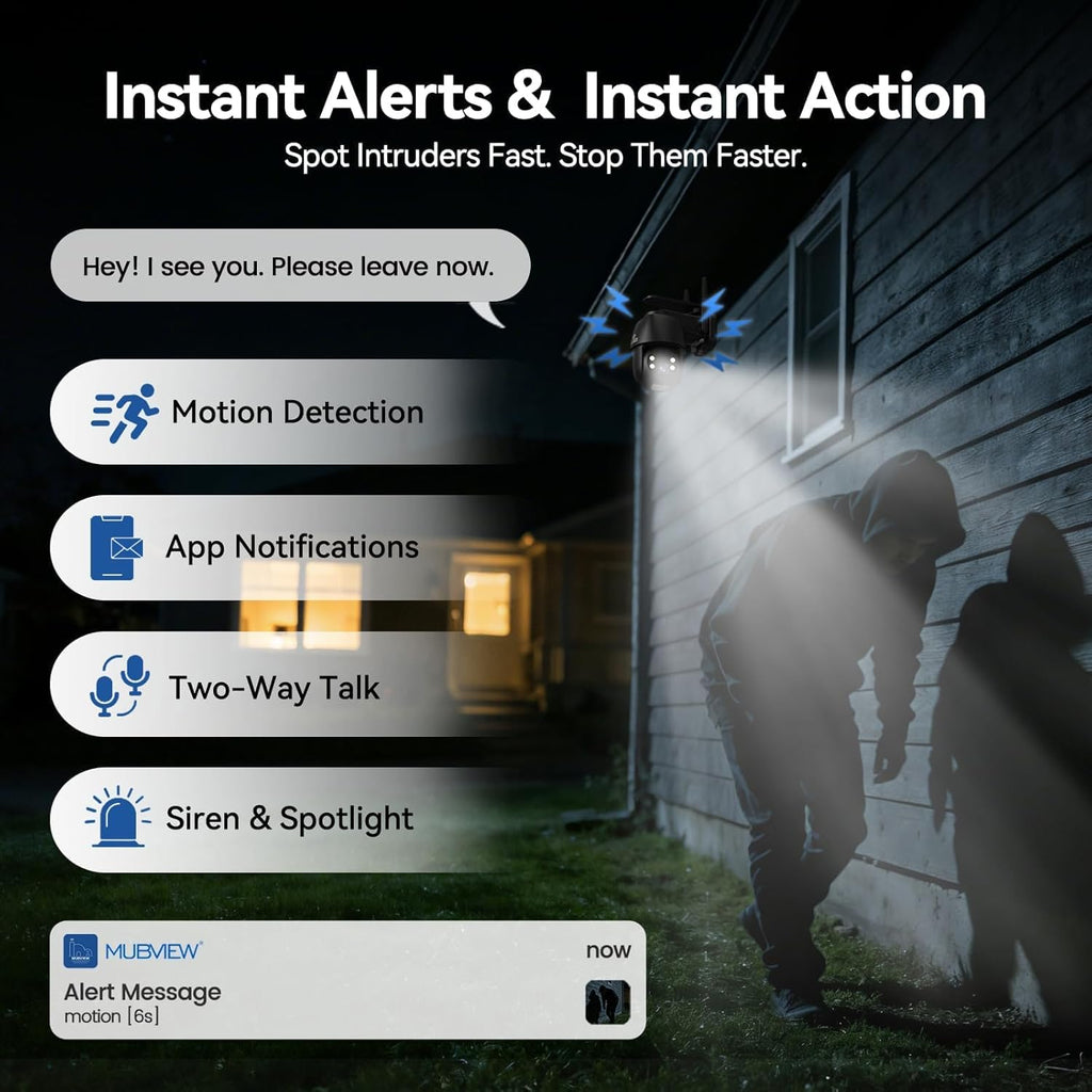MUBVIEW 24/7 Continuous Recording Wireless Outdoor Security Camera, 2.4G WiFi, 2K Solar Powered, 360° PTZ, Auto Tracking, SD Included, Optional Cloud Storage, AI Detection, Night Vision(Black,2 Packs)