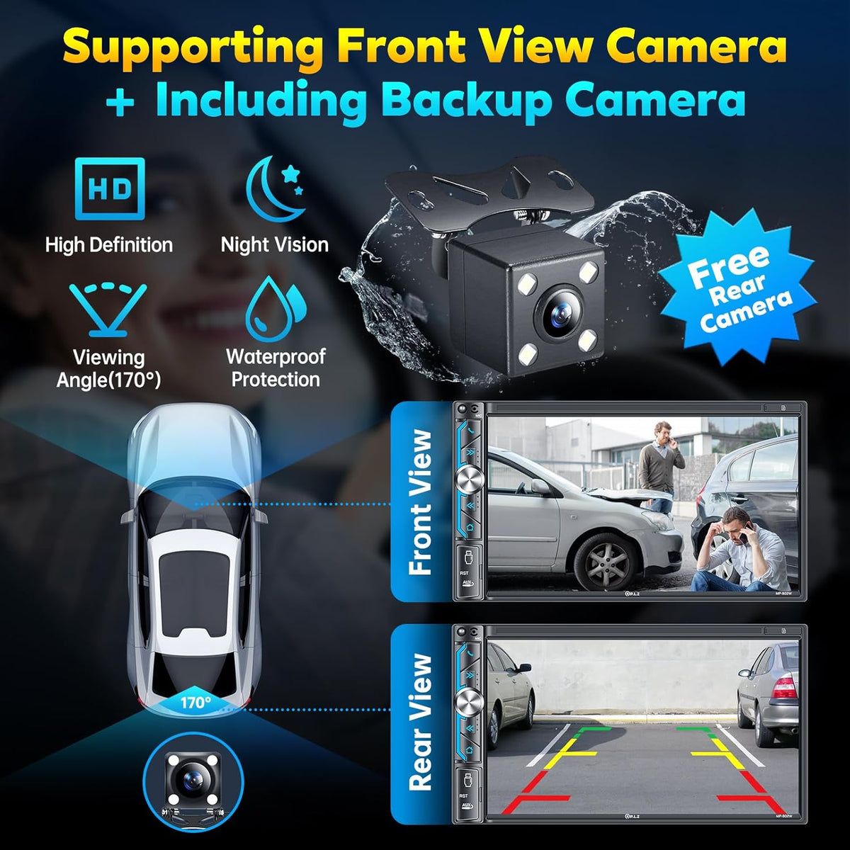 PLZ 7" Wireless Double Din Car Stereo Apple Carplay Radio Screen for Car Audio Receivers, Bluetooth 5.3 Car Play Android Auto Touchscreen, 240W 4.2 CHN 2 Subwoofers Outputs, Backup Camera, SWC, FM/AM