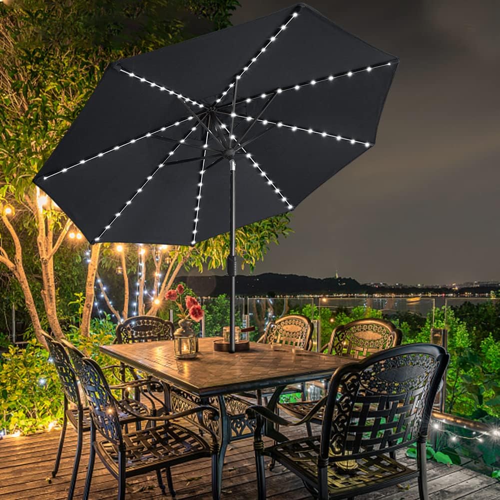 EliteShade USA 10-Year-Non-Fading 9ft Market Patio Umbrella, Commercial Grade Table Sun Umbrella with 80 Solar LED Lights, Crank Open, Windproof & UPF 50+ UV Protection for Garden, Deck, Pool, Backyard, Black