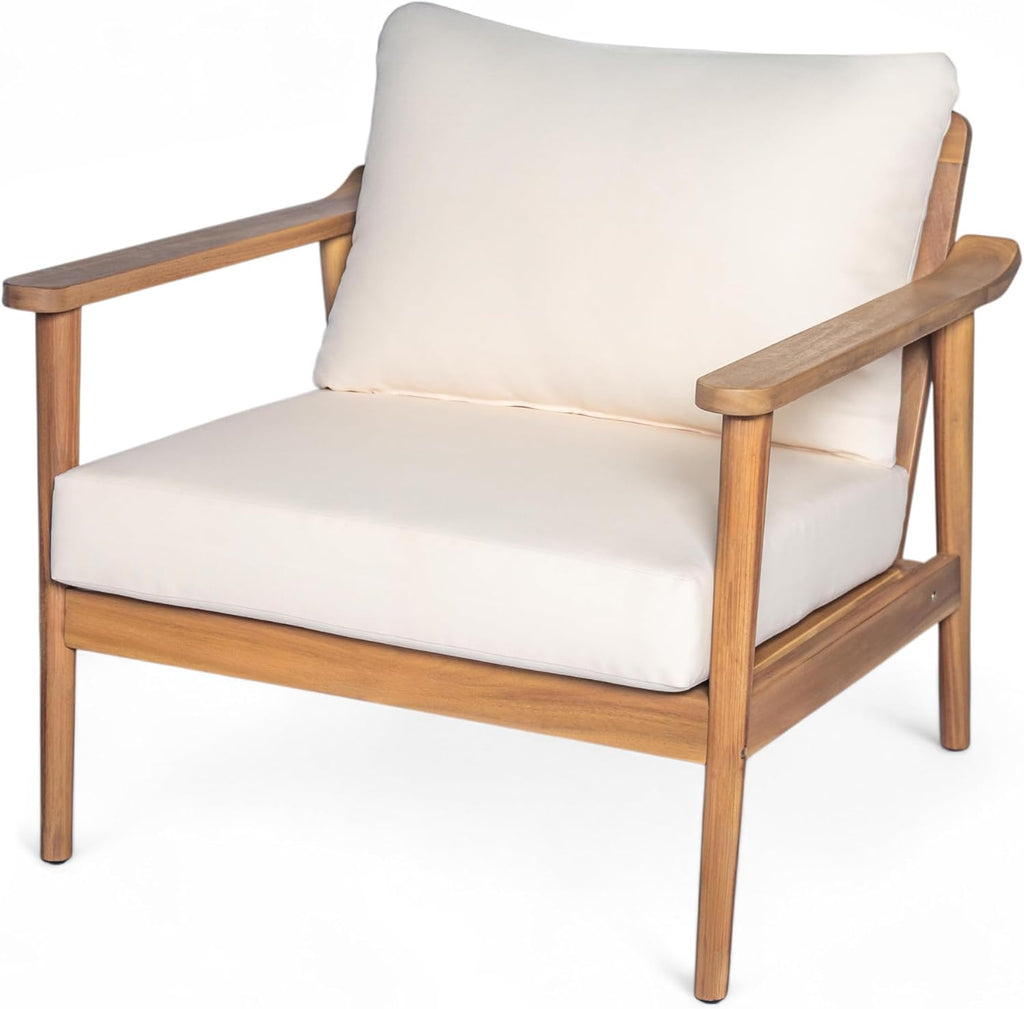 Christopher Knight Home Batis Acacia Wood Lounge Chair Outdoor Set of 2, Wooden Patio Accent Chair Set, Comfy Reading Seat with Removable Cushion, Patio Furniture Set, Teak+Beige