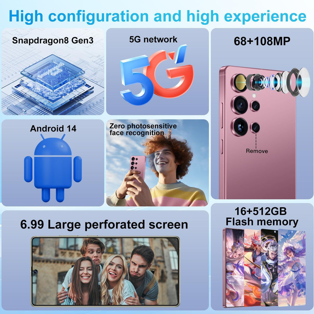 Huness I25 Ultra Unlocked Phone,Built in Pen The Phone,Cell Phone Battery 7000mAh 6.99" HD Screen,Android 14 16+512GB Smartphone,Dual SIM/5G/Face ID/Fingerprint Lock/GPS (Rose Gold, 16+512)