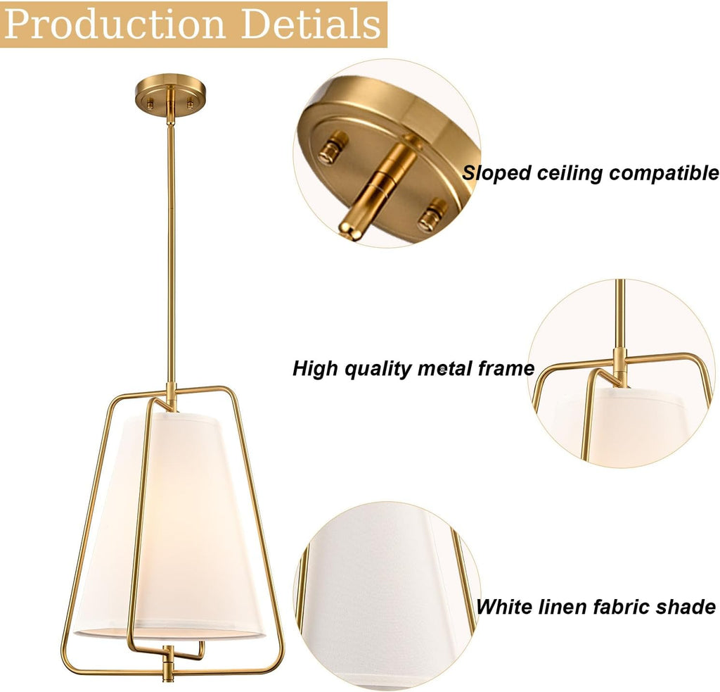 HYDELITE Vintage Gold Pendant Light with White Linen Fabric Adjustable Height Chandelier Brass for Living Room,Dining Room,Kitchen Island,Hallway