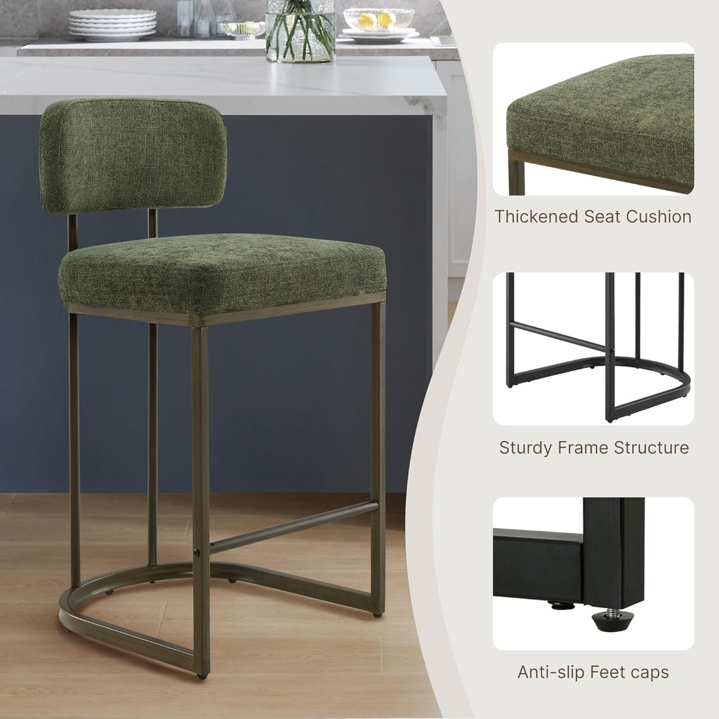 26" H Counter Height Bar Stools Set of 3, Modern Linen Fabric Upholstered Barstools with Backrest for Kitchen Island, Gold Metal Frames, Green