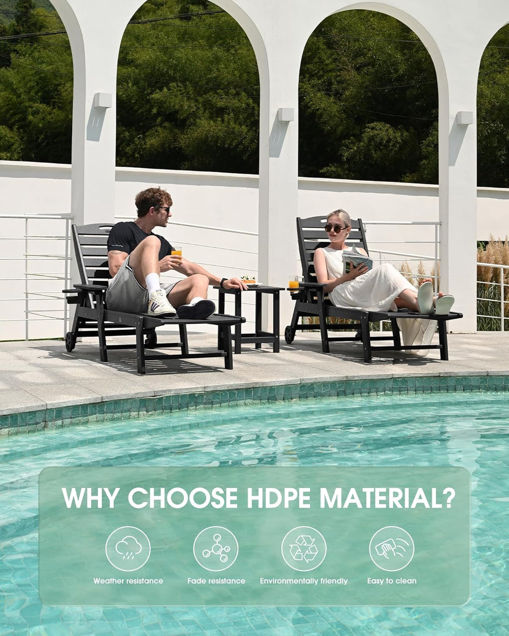 Lounge Chair Outdoor Set of 2, HDPE Chaise Lounge Outdoor, Pool Lounge Chair for Pool Poolside Deck Backyard Patio, Dark Grey