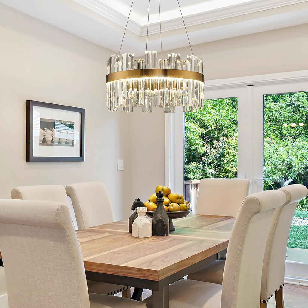 19.7'' Dimmable Modern LED Crystal Chandeliers,Gold Chandelier Light Fixture, 3 Colors Contemporary Pendant Ceiling Light for Dining Room Living Room Kitchen Island Entryway Foyer ,With Remote Control