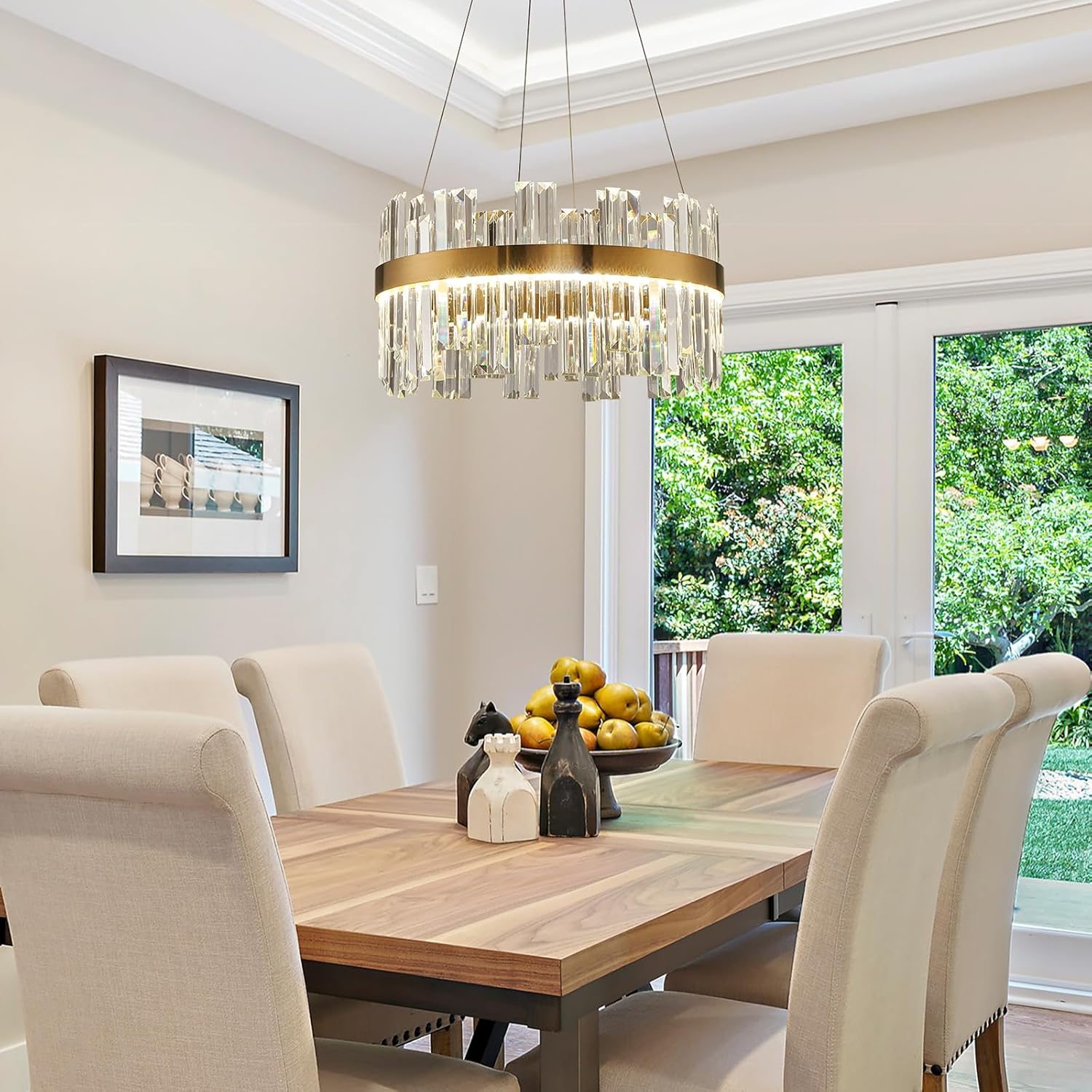 19.7'' Dimmable Modern LED Crystal Chandeliers,Gold Chandelier Light Fixture, 3 Colors Contemporary Pendant Ceiling Light for Dining Room Living Room Kitchen Island Entryway Foyer ,With Remote Control
