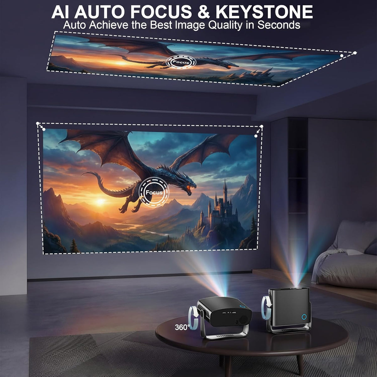 【Compatible with Netflix & Native 1080P】Smart Projector with WiFi and Bluetooth, 4K Support Home Movie Projector, Auto Focus & Keystone Portable Outdoor Projector, Wireless Proyector for Bedroom,Black