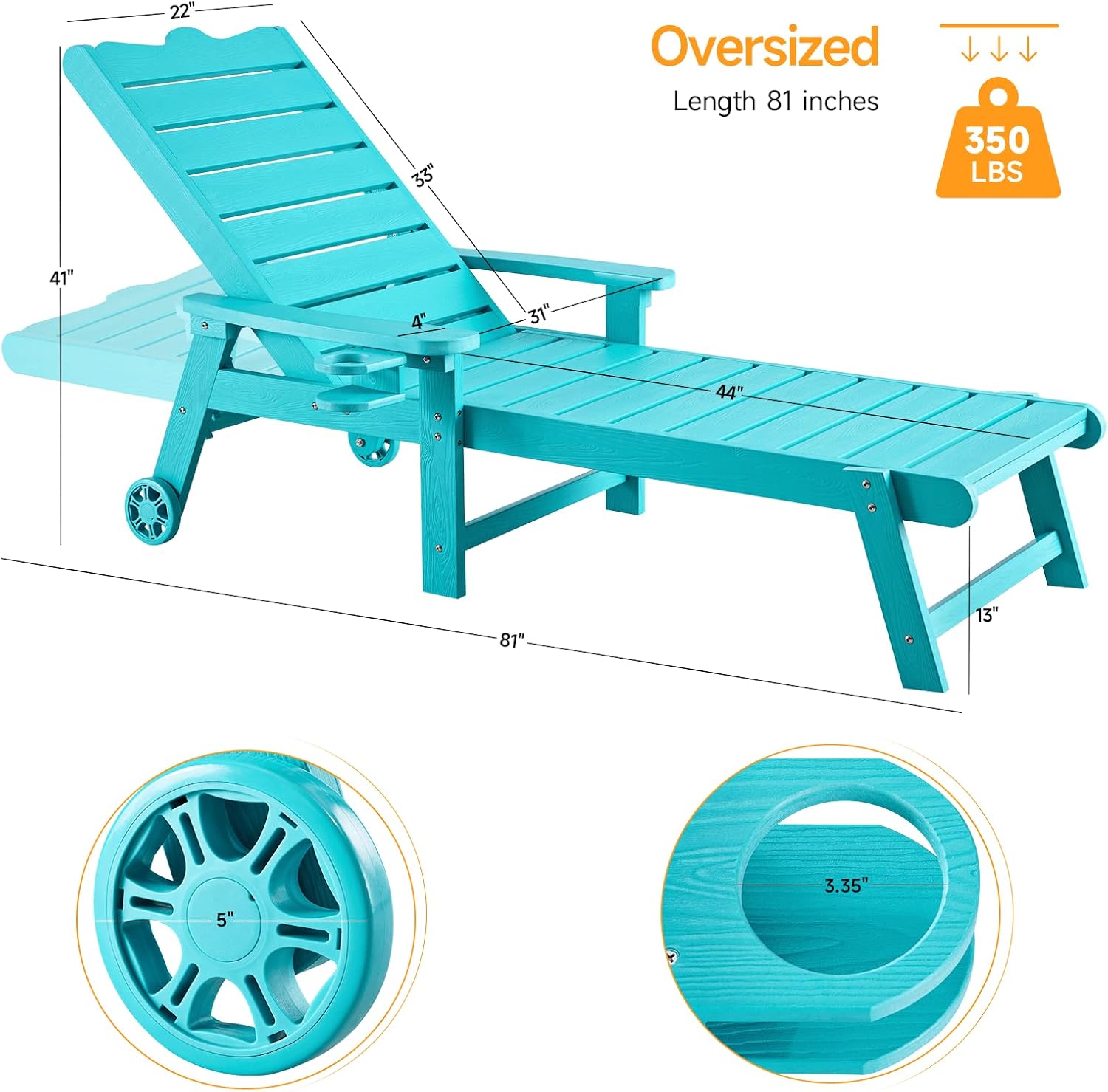 ONBRILL Patio Chaise Lounge Set of 2, Outdoor Lounge Chairs with 5-Level Adjustable Backrest, CupHolder, No Fade, No Break, 350lbs Capacity, HDPS Material, Blue