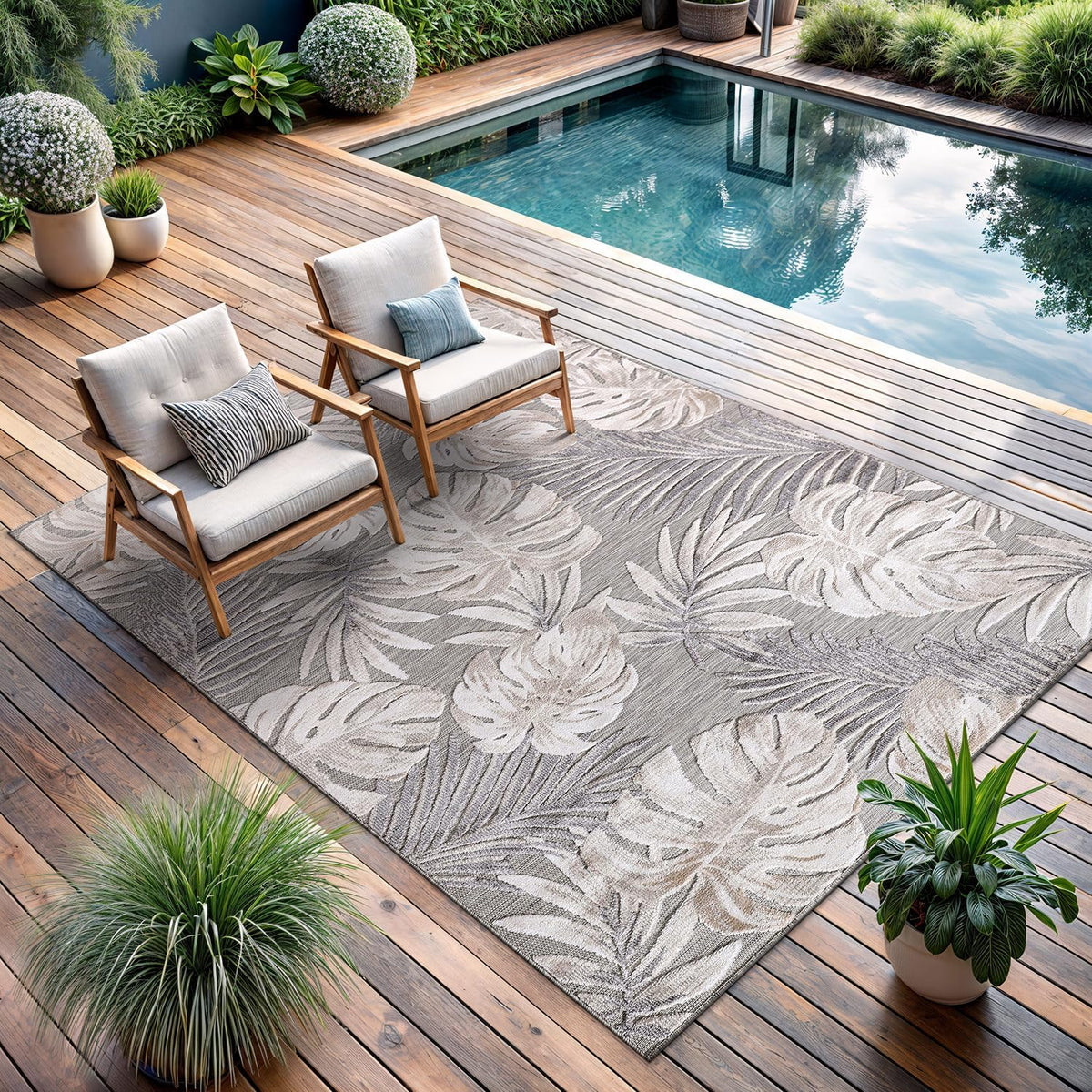 CAMILSON Indoor Outdoor Rug, Beige 6'x9' Leaf Tropical Botanical Area Rugs for Indoor and Outdoor patios, Easy-Cleaning Non-Shedding Living Room, Garden and Kitchen Washable Outside Carpet (6x9)