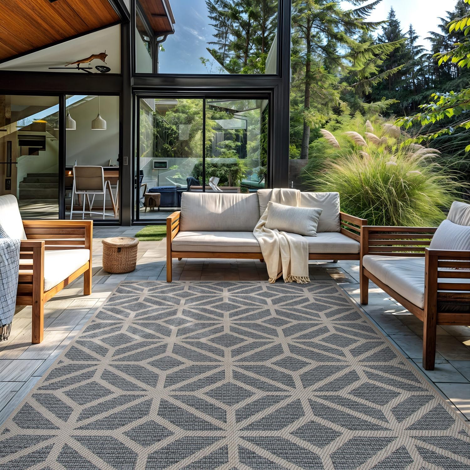 Rugshop Blue Contemporary Geometric Indoor/Outdoor Area Rug — Hose Washable for Living Room, Dining Room and Office, 7'10" x 10'