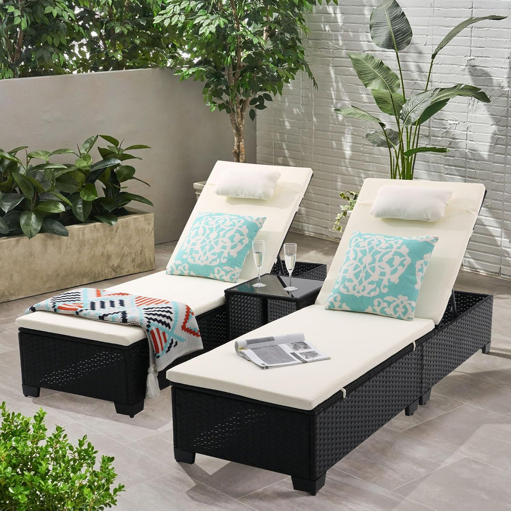 3-Piece Outdoor Lounge Chairs Set, Chaise Lounge Patio Chairs with Coffee Table, Adjustable Wicker Chairs, Water-Resistant Cushions, PE Rattan Poolside & Backyard Furniture (Beige)