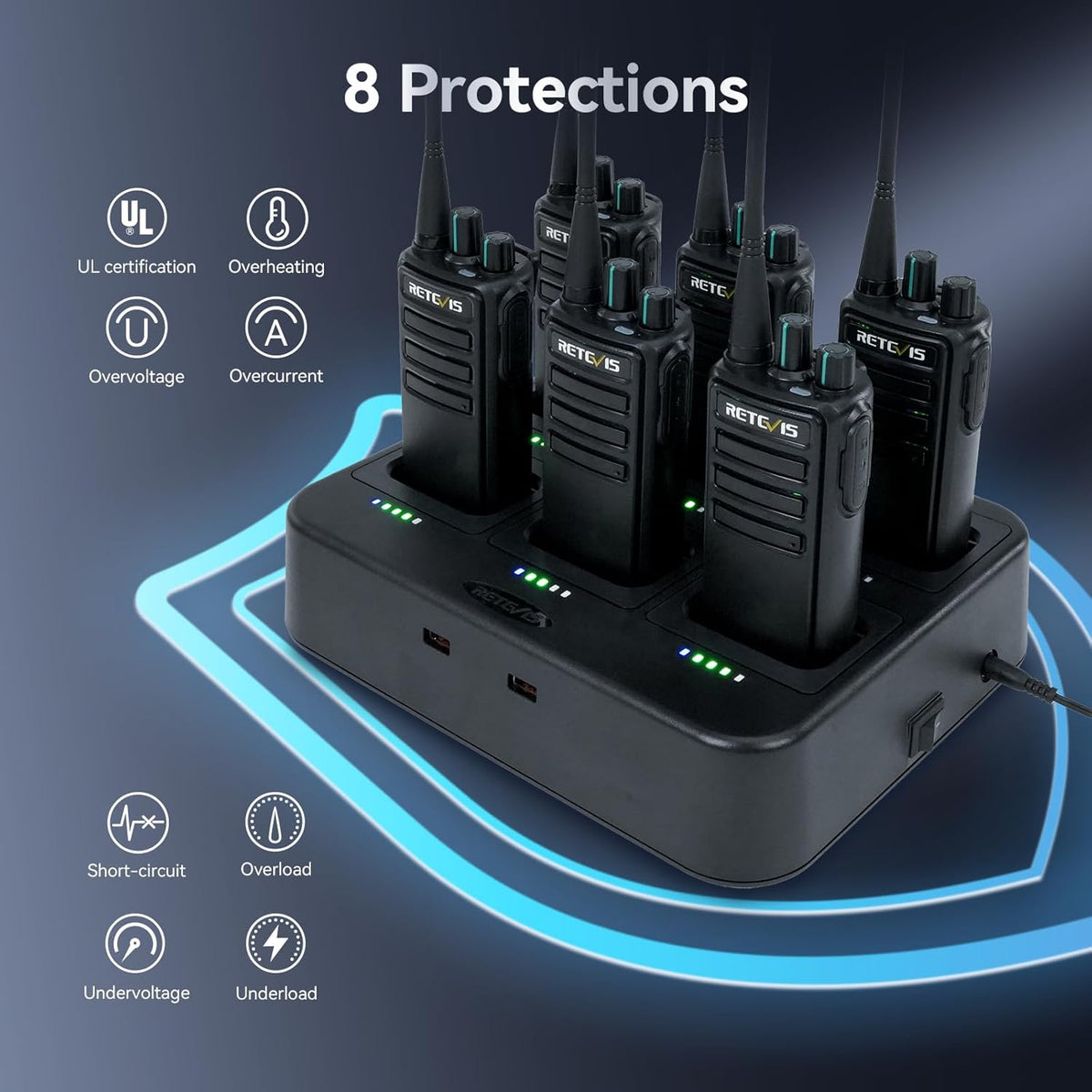 Retevis RB29 Walkie Talkies with Shoulder Mic,Rechargeable 2 Way Radios 6 Pack,with 6 Way Multi Gang Charger,Intuitive Charging Progress,Rugged Two Way Radio for Business Factory Jobsite Warehouse