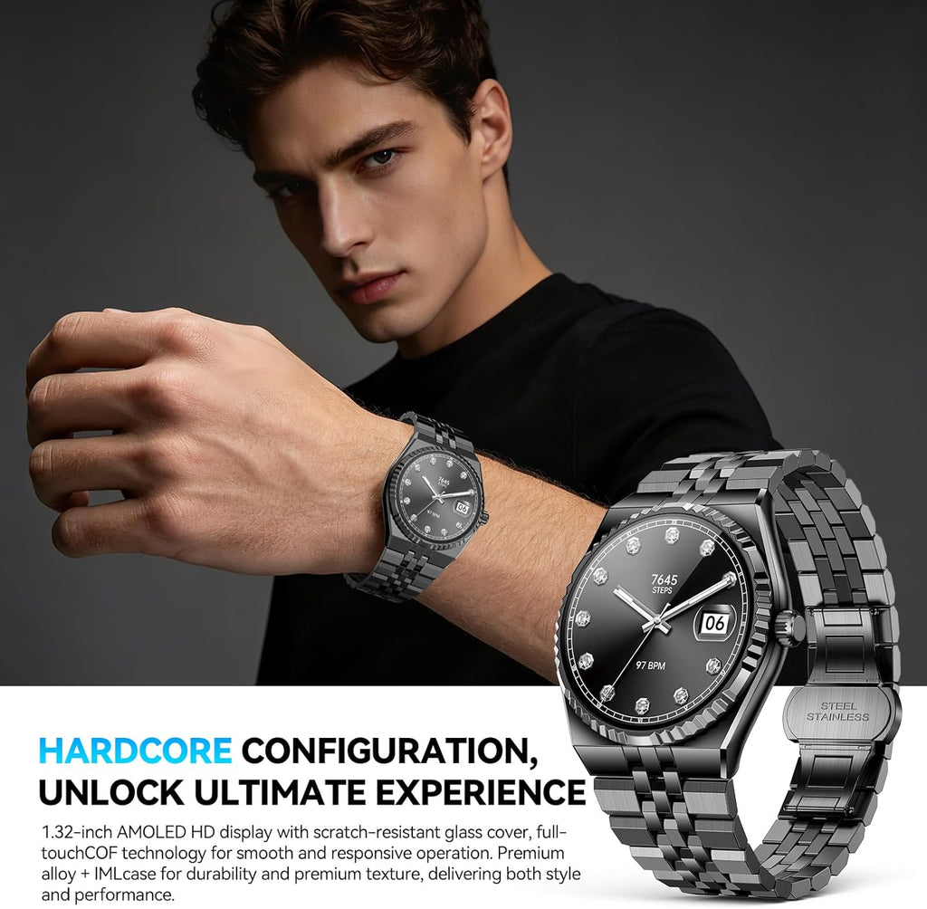2026 Smart Watch with Bluetooth Calls, 1.32" AMOLED Display, 160+ Sports Modes, Heart Rate/Blood Oxygen/Blood Pressure/Sleep Monitor, IP68 Waterproof, Compatible with iOS Android for Men Women Black