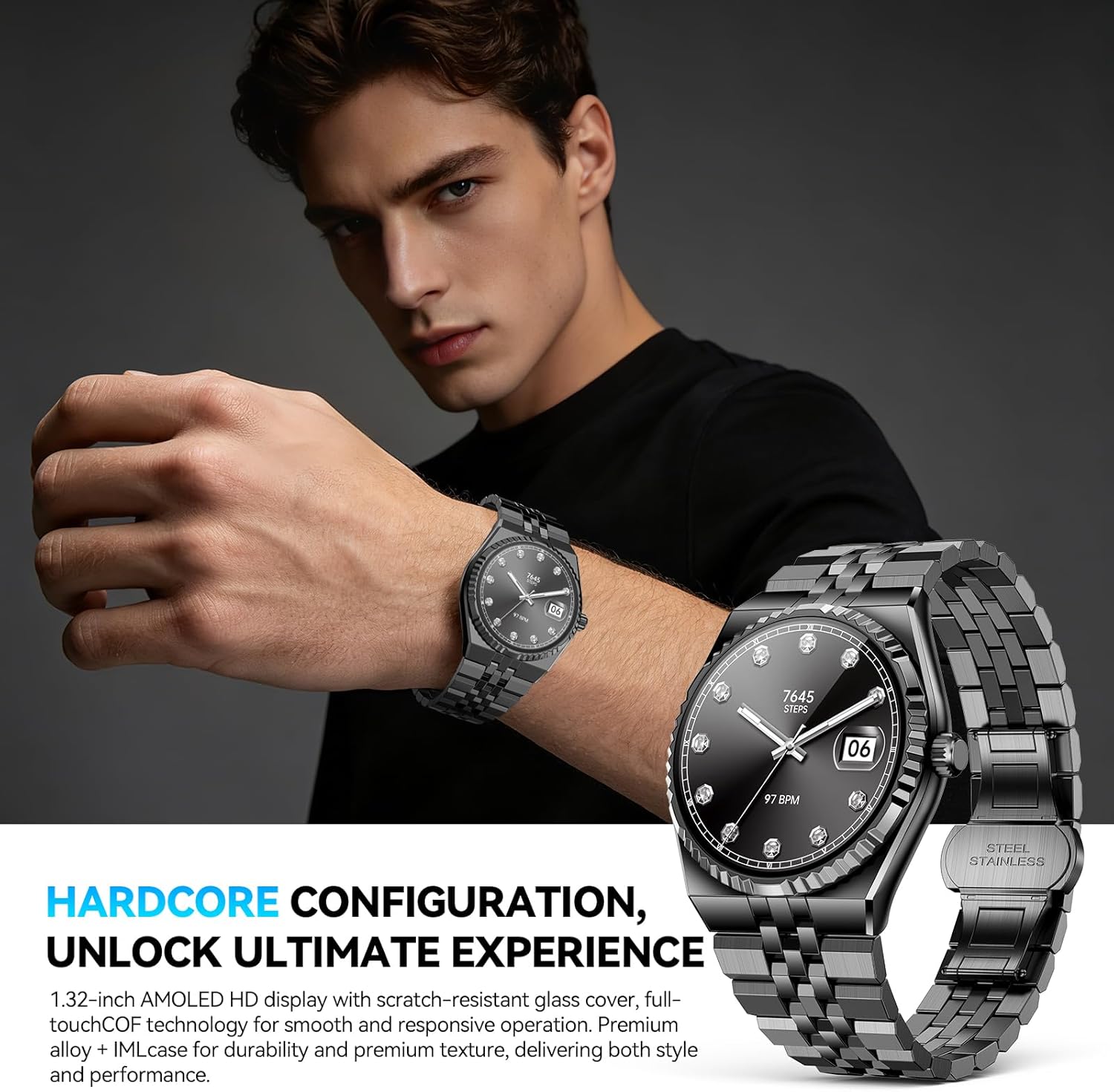2026 Smart Watch with Bluetooth Calls, 1.32" AMOLED Display, 160+ Sports Modes, Heart Rate/Blood Oxygen/Blood Pressure/Sleep Monitor, IP68 Waterproof, Compatible with iOS Android for Men Women Black