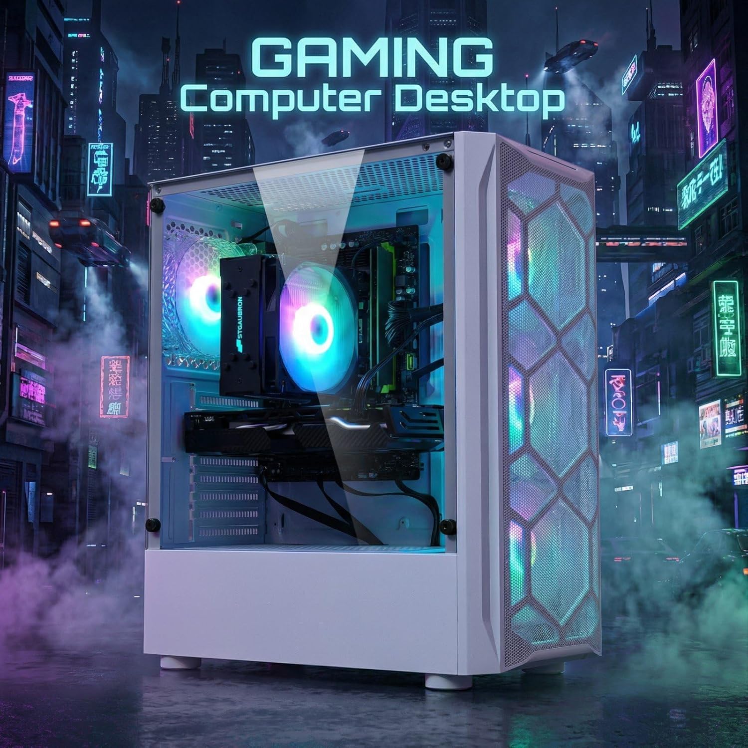 STGAubron Gaming PC Desktop Computer, Intel Xeon E5 2.5G up to 3.3GHz, Radeon RX 590 8G, 32GB RAM, 1TB SSD, WiFi, BT 5.0, RGB Fan x4, Windows 11 Home,White