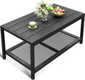 ODK Outdoor Coffee Table with Double-Layer Storage, Rectangle Weather-Resistant Patio Coffee Table for Garden, Balcony, Hot Tub, Poolside, Heavy-Duty Metal Frame, Black