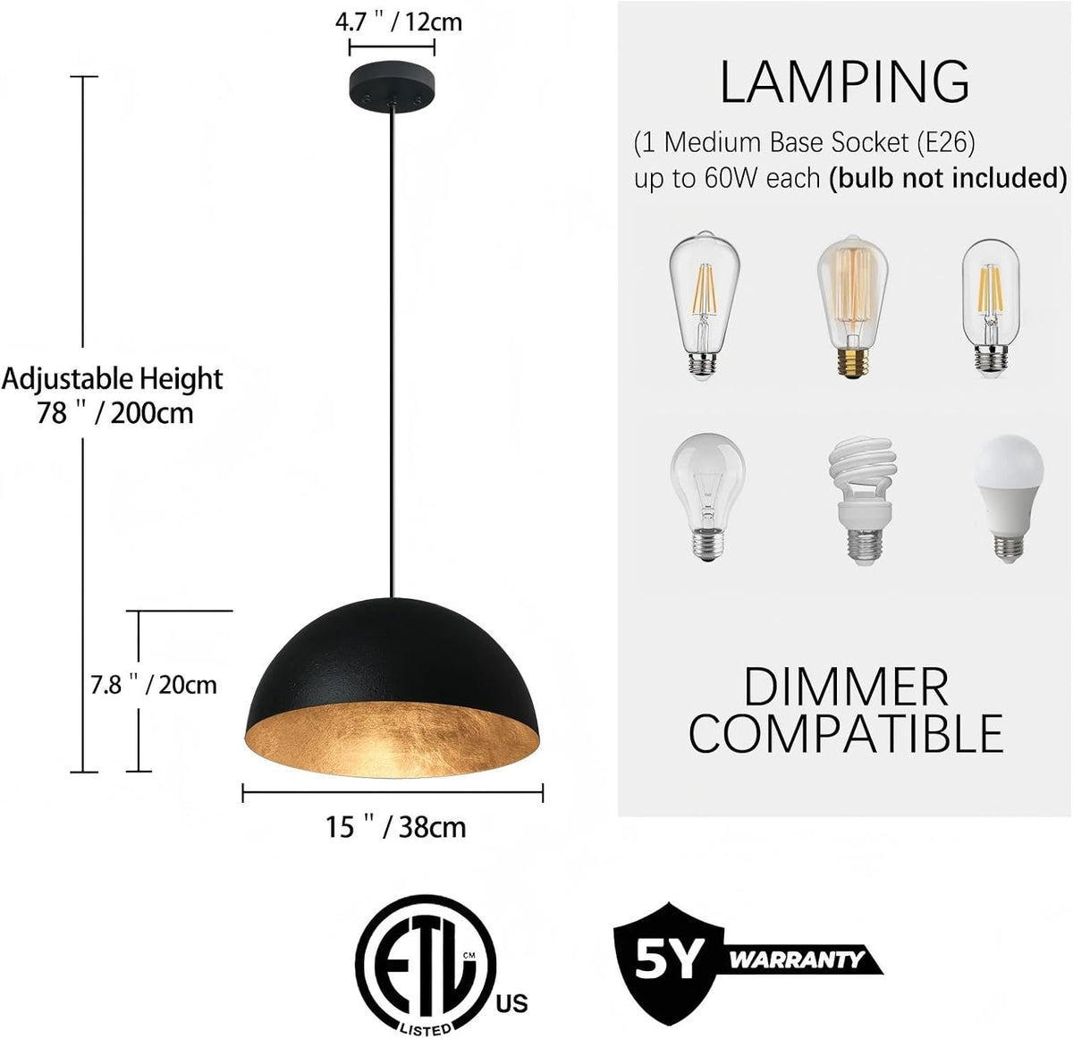 15 Inch Black and Gold Leaf Pendant Light, Grainy Matte Black Dome Chandelier with Hand-Applied Gold Leaf Interior, E26 Socket for Kitchen Island, Dining Room, or Bar