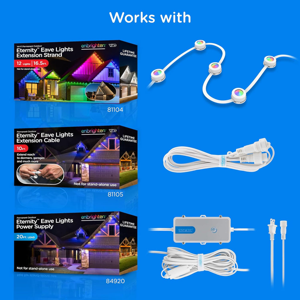 Enbrighten Eternity Permanent Outdoor Lights, 100ft with 72 RGBWIC LED Lights, App‑Controlled, Cuttable, Christmas, Accent & Year‑Round Eave Lighting, Works with Alexa & Google Home, 81103