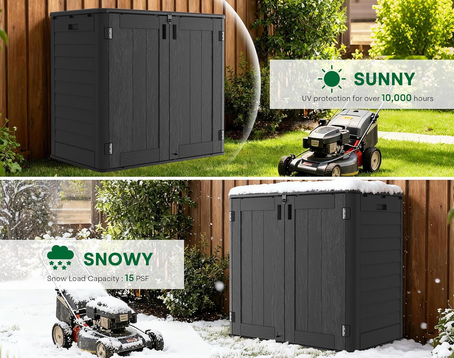 Outdoor Storage Shed, 30 Cu Ft Waterproof Horizontal Resin Storage Cabinet, Weather-Resistant Garden Shed Trash Can Storage with Pad-Lockable Doors for Backyards (Black)