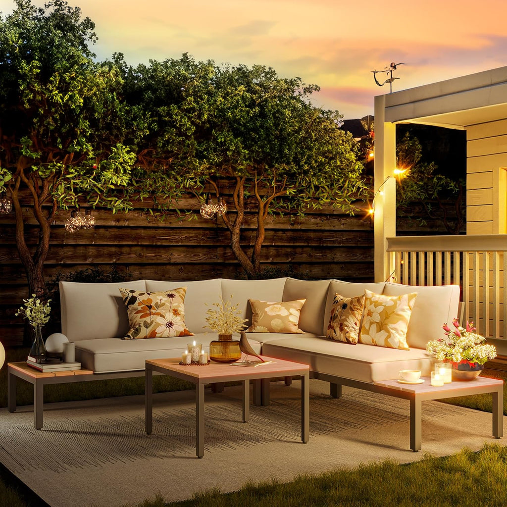 NATURAL EXPRESSIONS Patio Furniture Sets, L Shape Patio Sectional Metal Outdoor Sectional Corner Sofa Outdoor Couch with Detachable Backrest,3 Fauxwood Tables,5” Grey Olefin Cushions