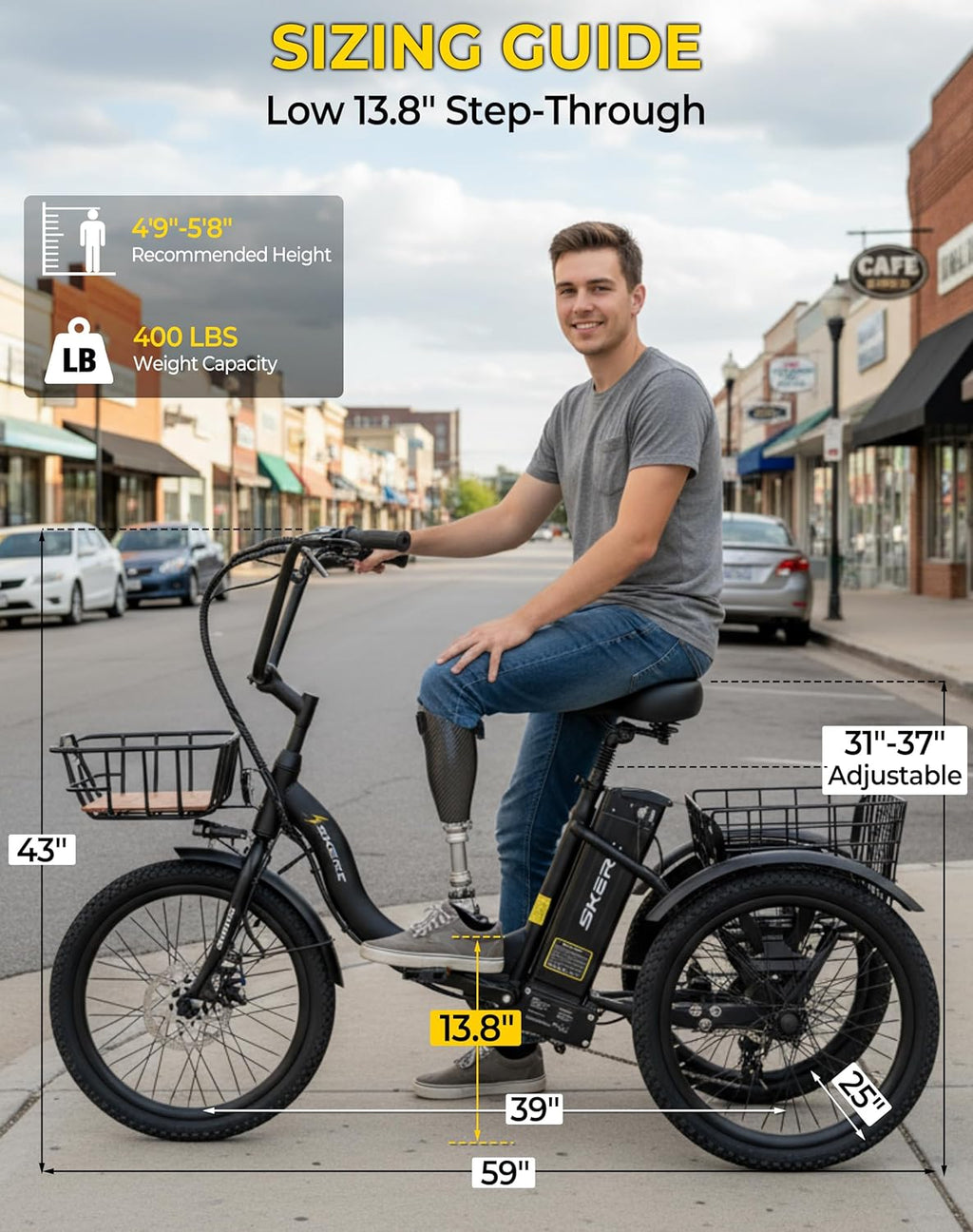 Skeri Electric Trike, Peak 1000W Electric Tricycle for Adults, 20" Folding 3-Wheel Electric Bike, Step-Thru E Trike with 624WH Removable Battery and Large Basket, Black