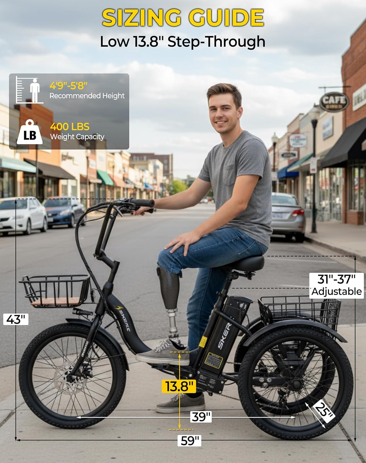 Skeri Electric Trike, Peak 1000W Electric Tricycle for Adults, 20" Folding 3-Wheel Electric Bike, Step-Thru E Trike with 624WH Removable Battery and Large Basket, Black