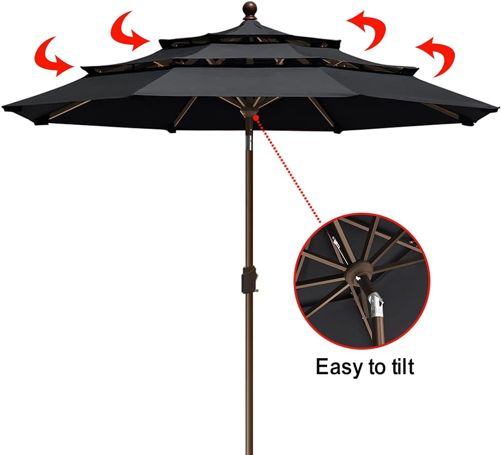 EliteShade USA 10-Year-Non-Fading 9ft 3-Tier Market Patio Umbrella, Commercial Grade Outdoor Table Umbrella with Crank Open, Windproof & UPF 50+ UV Protection, Heavy Duty Ventilation for Garden, Deck, Pool, Backyard, Beach & Bistro, Black