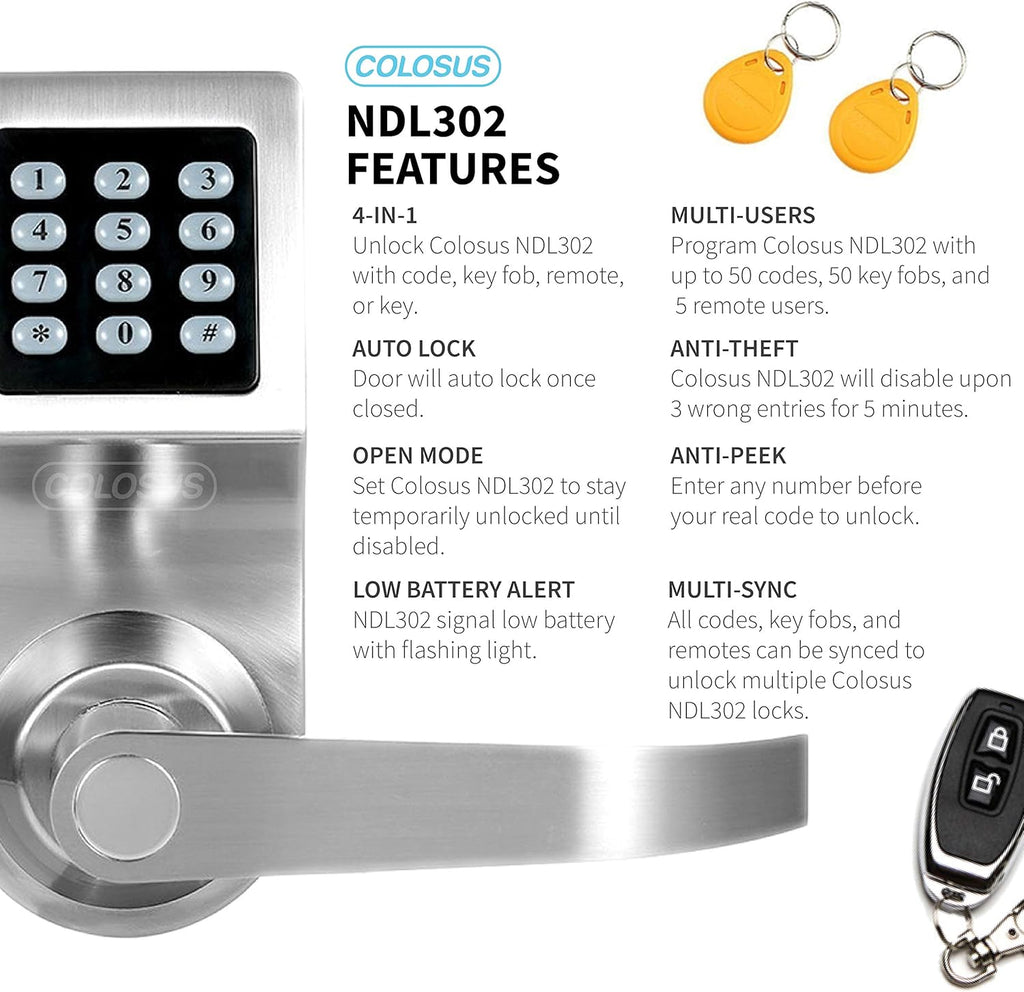 Electronic Smart Door Lock, Keyless Entry with Keypad, Key Fobs, Remote Control, Keys for Home, Office or Commercial, Silver NDL302