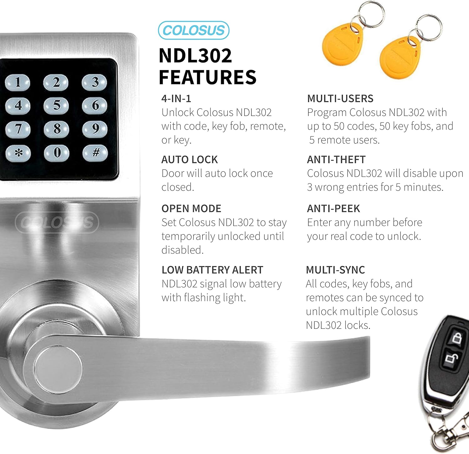 Electronic Smart Door Lock, Keyless Entry with Keypad, Key Fobs, Remote Control, Keys for Home, Office or Commercial, Silver NDL302