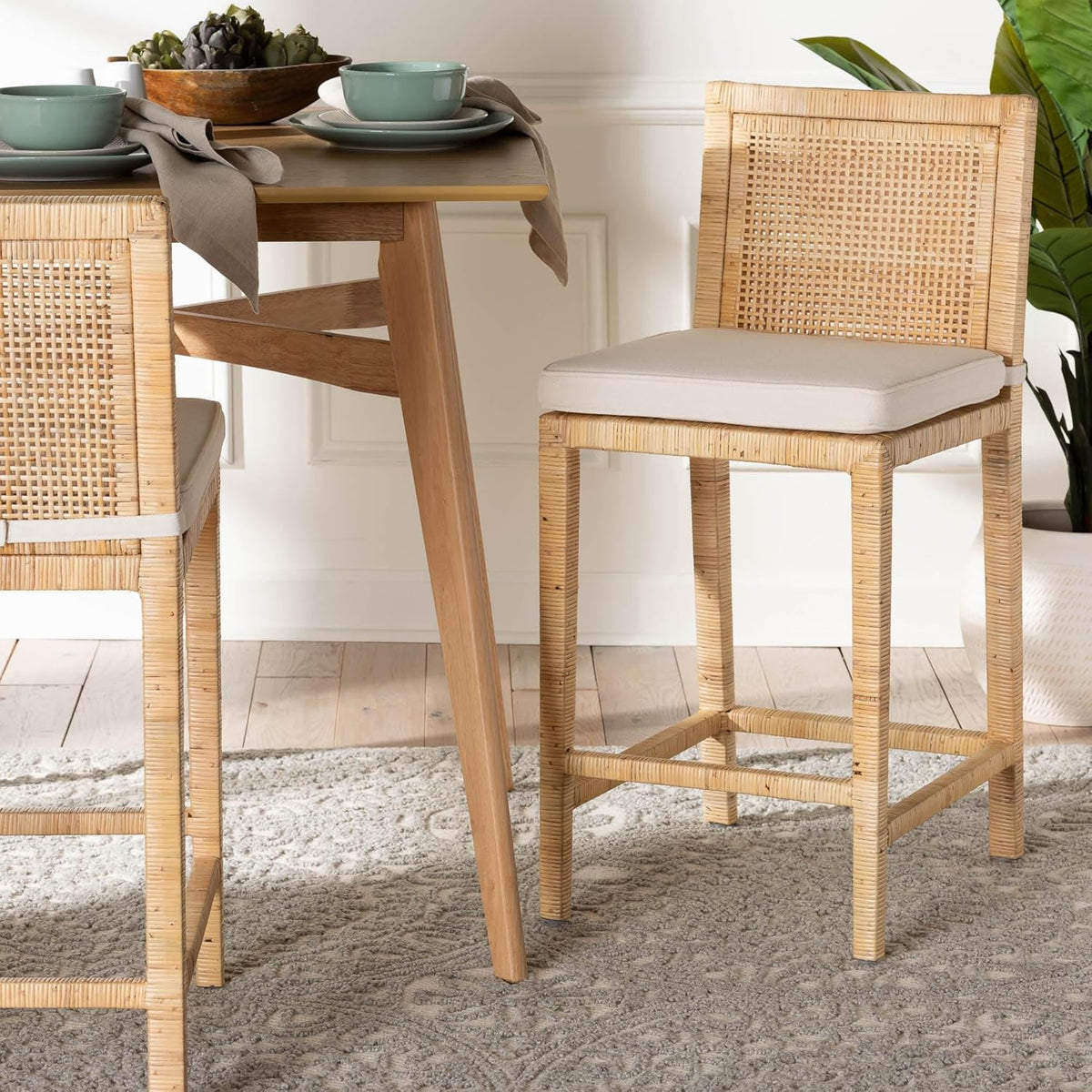 bali & pari Sofia Rattan Counter Stool with Mahogany Wood Frame - Handwoven Wicker Counter Chair with Removable Cushion, Light Honey