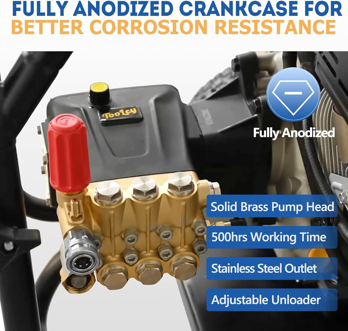 TOOLCY Pressure Washer Pump 3600-4400 PSI Max 4.4 GPM, 1 Inch Shaft Horizontal Triplex Plunger Replacement, Direct Drive with Unloader, 5 Nozzle Tips, M22-14mm Adapter