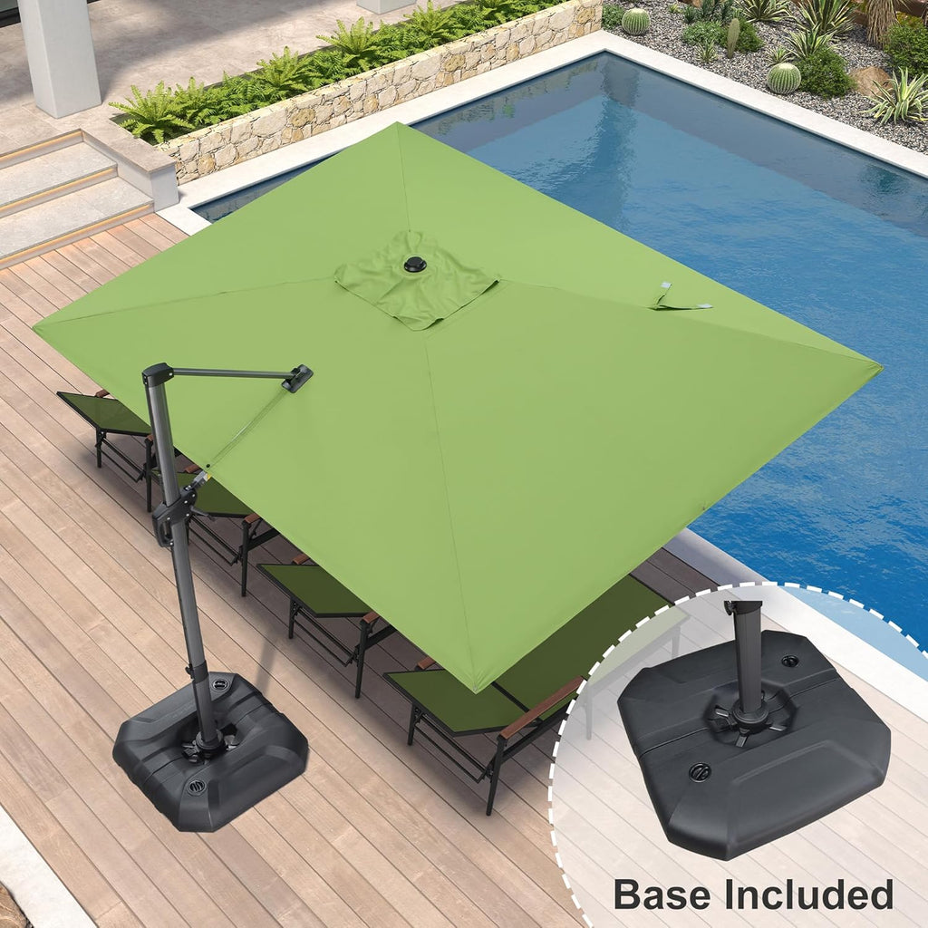 PURPLE LEAF 9' X 11.5' Square Cantilever Umbrella Patio Umbrella with Base Outdoor Umbrella Aluminum Offset with 360-degree Rotation for Garden Deck Pool Patio Apple Green