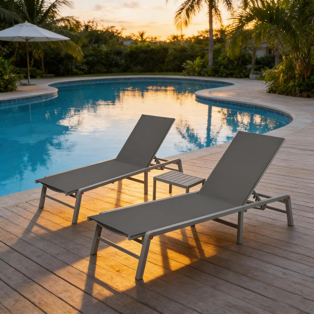 Kozyard 3-Pieces Patio Lounge Set, 2 Foldable Adjustable Lounge Chairs and Side Table, Aluminum Frame, Breathable Textilene Fabric, Assemble-Free, Reclining to Flat for Pool, Beach (Gray)