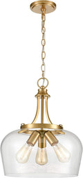 Modern 3-Light Gold Pendant Light with Clear Glass Shade, Mid Century 15-Inch Pendant Lighting Adjustable Height Hardwired Brass Glass Chandelier for Kitchen Island Dining Room