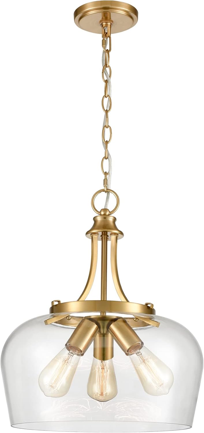 Modern 3-Light Gold Pendant Light with Clear Glass Shade, Mid Century 15-Inch Pendant Lighting Adjustable Height Hardwired Brass Glass Chandelier for Kitchen Island Dining Room