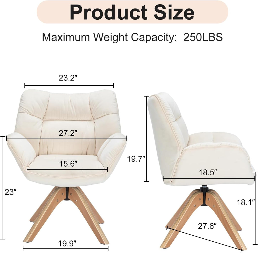 Mid Century Accent Chair, 360° Swivel Fabric Desk Chair, Modern Cozy Vanity Chair No Wheel Wood Legs Upholstered Single Armchair for Living Room Bedroom Office Dining Room (Beige)