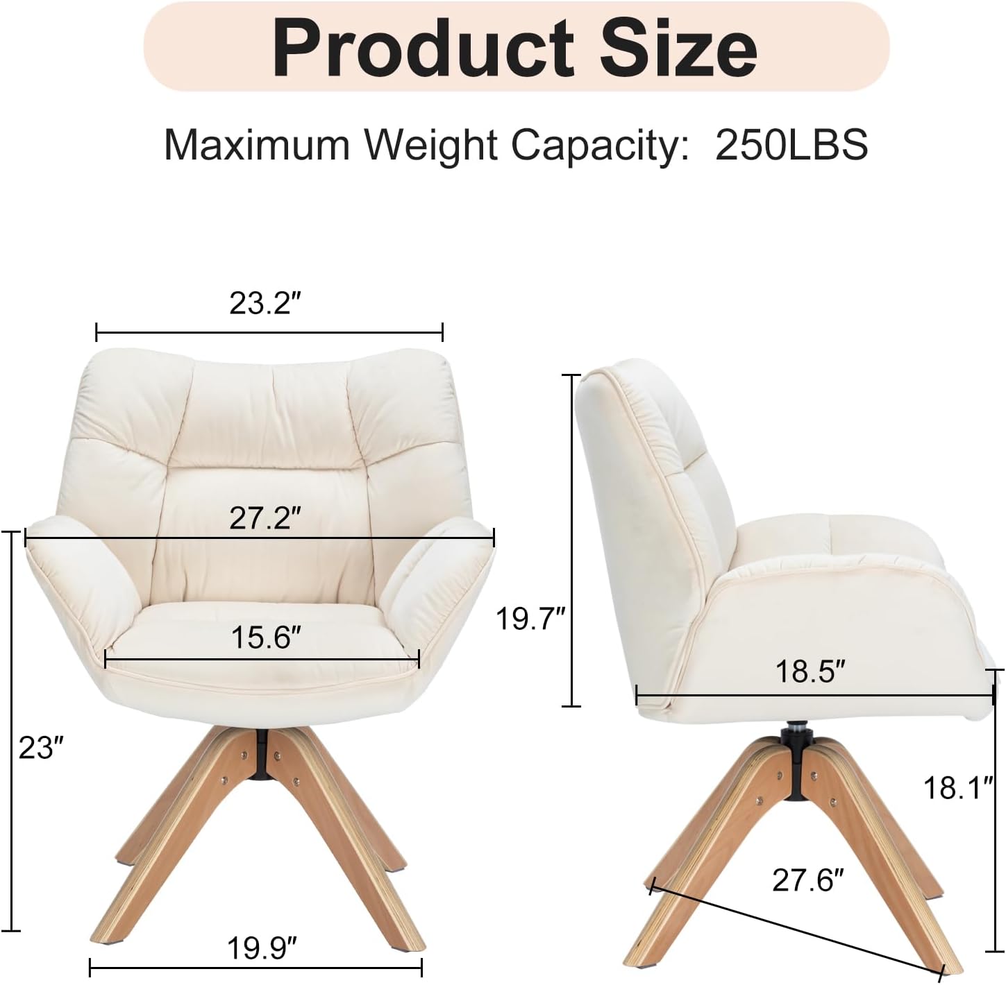 Mid Century Accent Chair, 360° Swivel Fabric Desk Chair, Modern Cozy Vanity Chair No Wheel Wood Legs Upholstered Single Armchair for Living Room Bedroom Office Dining Room (Beige)