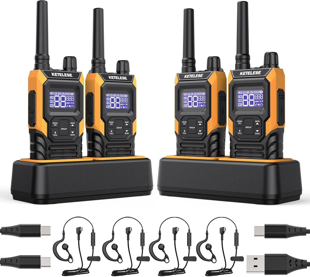 KETELESE T4 Long Range Walkie Talkies, Portable Two Way Radios IP67 Waterproof, with Earpiece, NOAA&Weather Alarm, PTT, Group, VOX, 4Pack, Orange