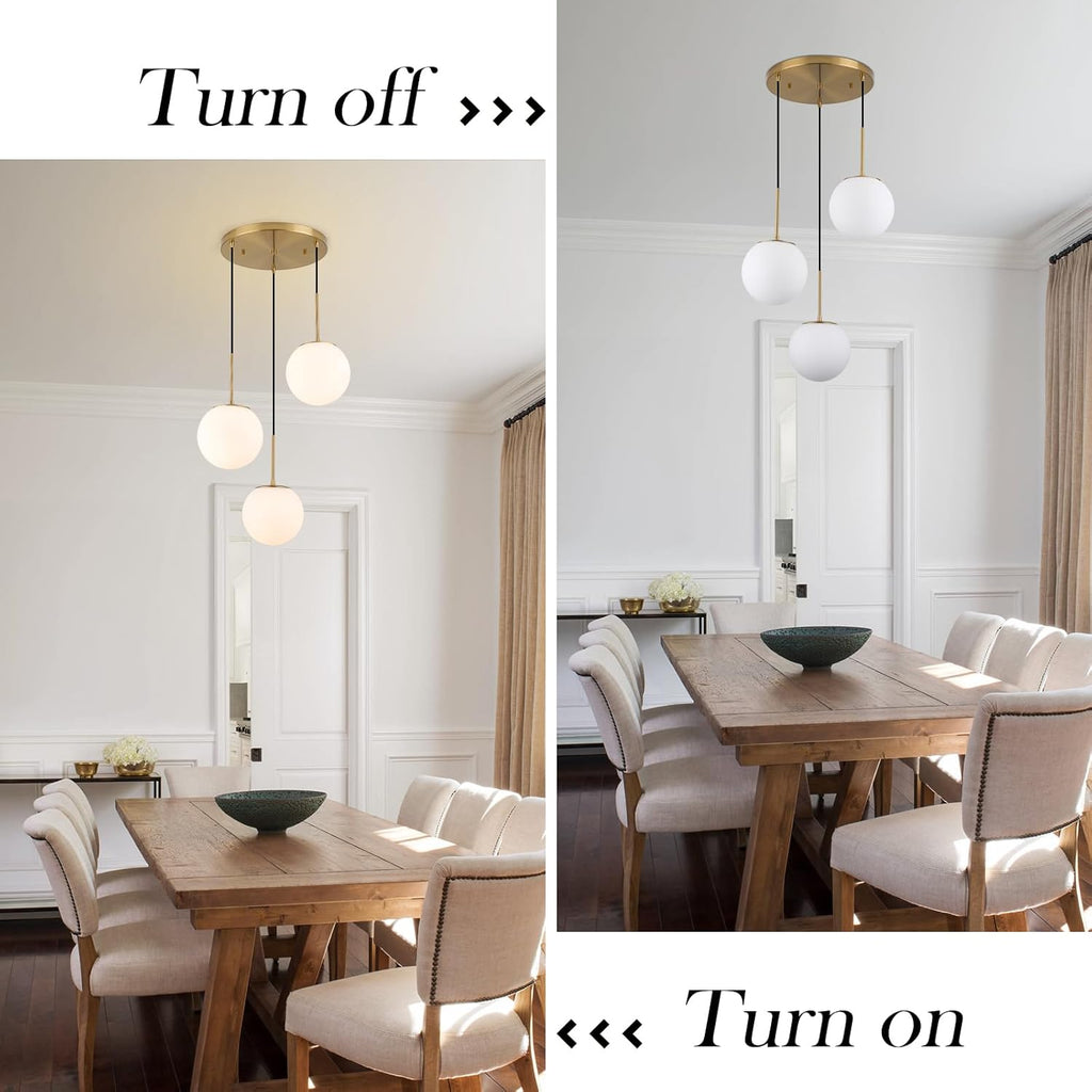 3-Light Cluster Pendant Lights, Mid Century Modern Globe Cluster Chandelier with Milk Glass, Brass Gold Pendant Lighting for Kitchen Island, Staircase, Dining Room, Living Room